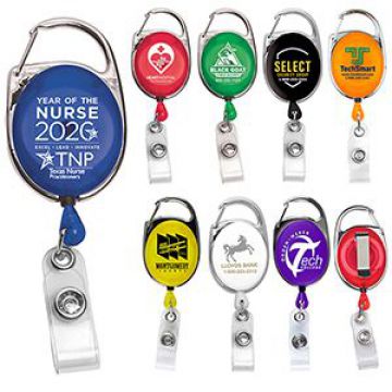 30" Cord Retractable Carabiner Style Badge Reel & Badge Holder - Screenprinted 1 Color